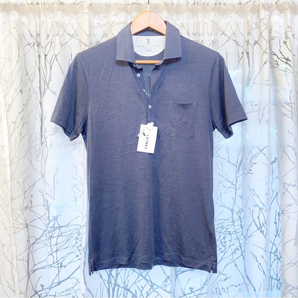 BRUNELLO CUCINELLI blue silk cotton collared button neck short sleeve polo shirt